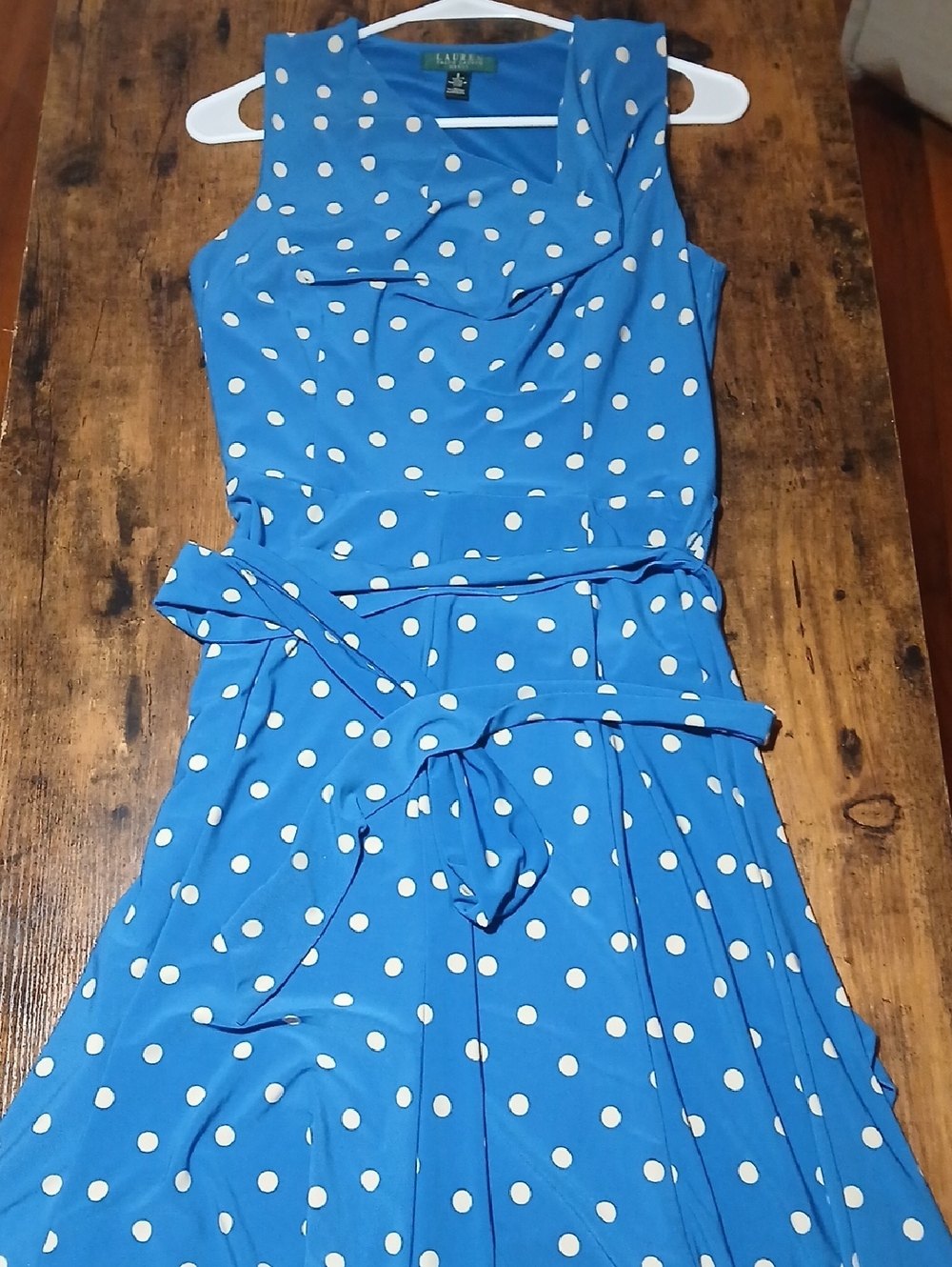 RALPH LAUREN Womens Size 8 Blue & Cream Poka Dot Dress
